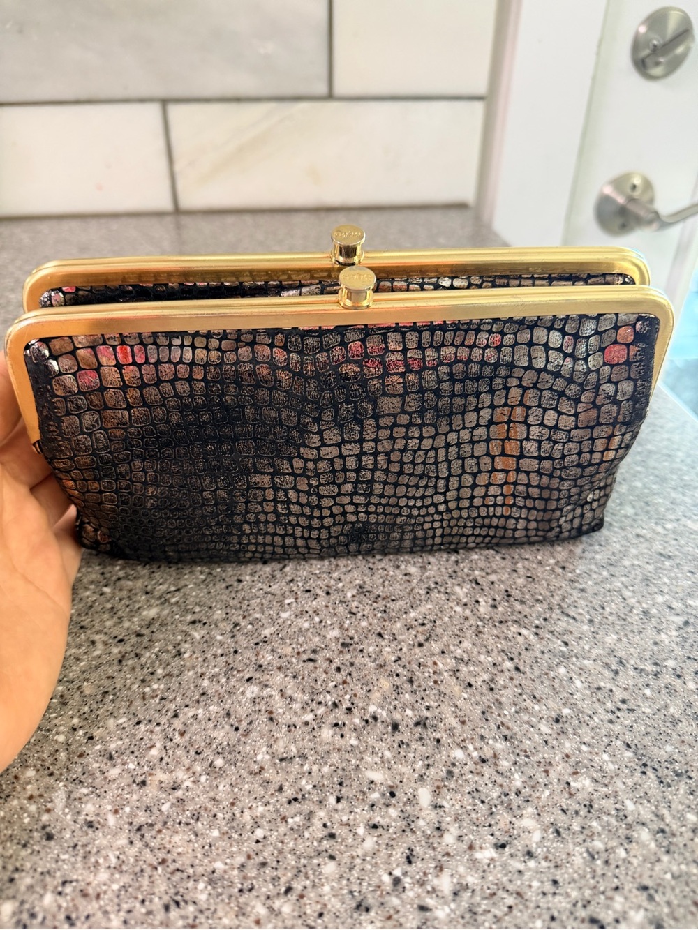 HOBO Black Faux-Croc Double-Clasp Clutch with Gold Frame